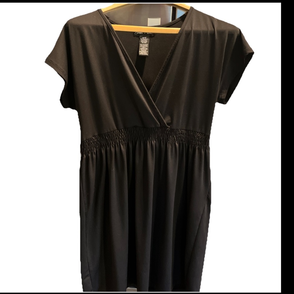 BLACK wrap front V NECK Short DRESS Large stretchy Polyester Knit Stretchy Waist